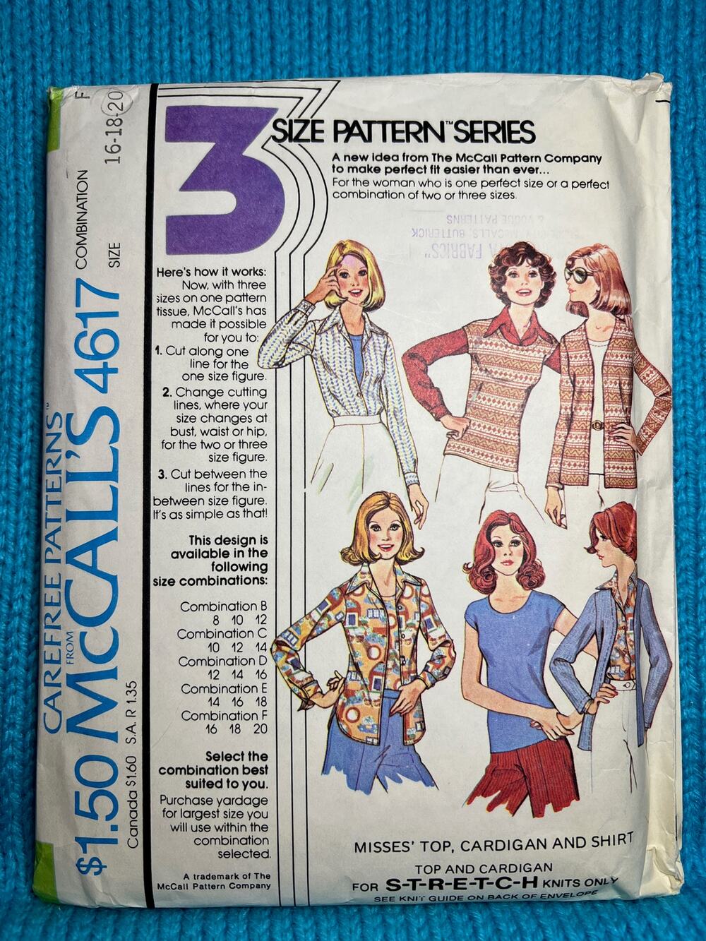 McCalls Sewing pattern 4617 pullover top shirt cardigan 1970s size 16 18 20